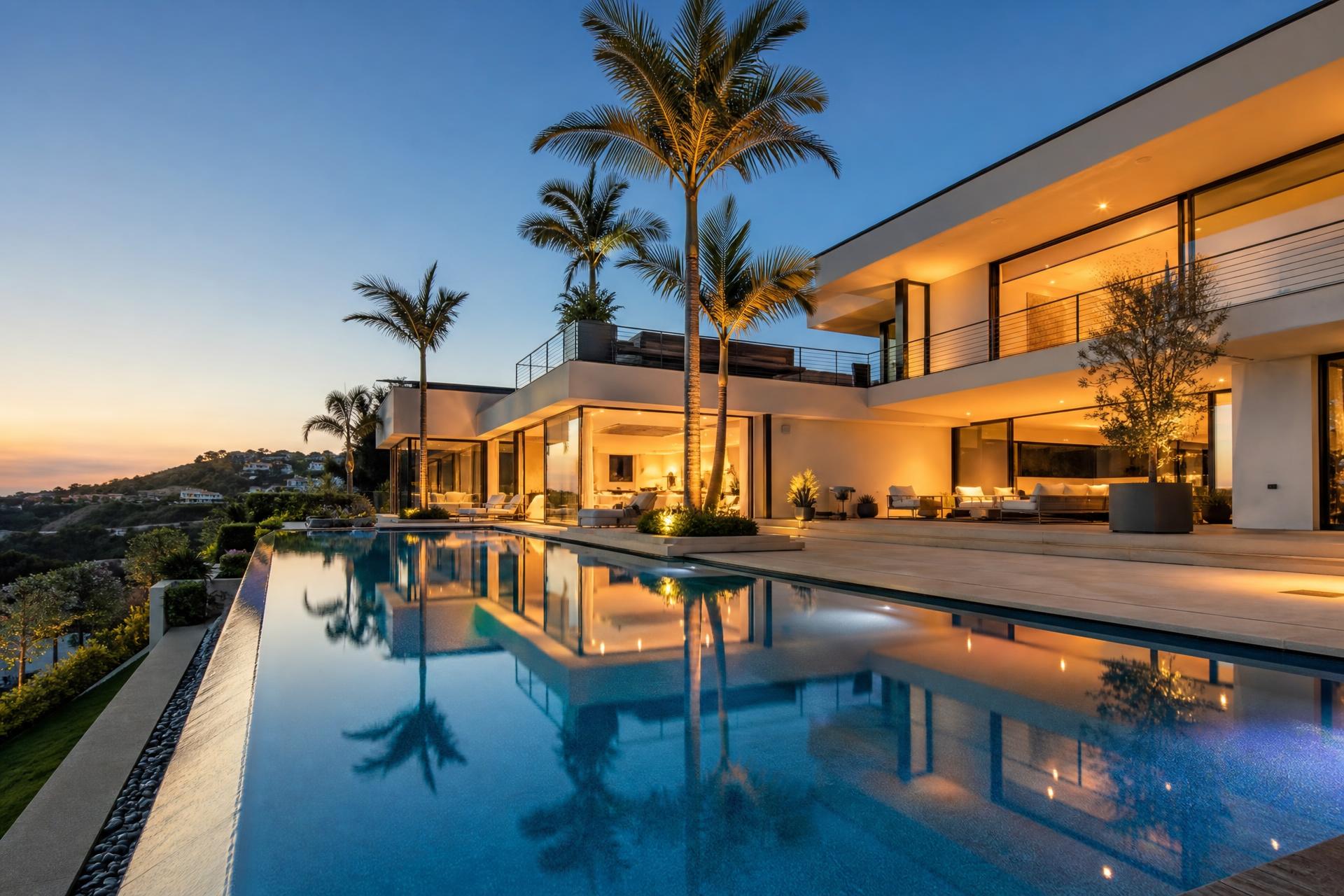 Luxury modern home in California at twilight